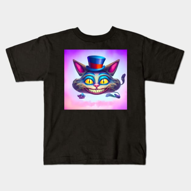 Alice in Wonderland Cheshire cat floating on pink clouds Kids T-Shirt by The Universal Saint